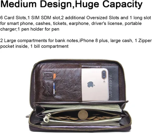 Vista 2 de CONTACTS Bolso de mano de cuero para hombre, cartera con cremallera, organizador de tarjetas de visita de gran capacidad con correa de cuero, bolso