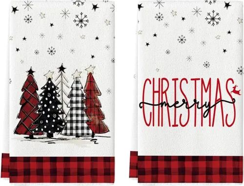 Vista 7 de Artoid Mode Toallas de cocina con estampado de búfalo de Merry Christmas, toallas de cocina de invierno con árboles de Navidad y estrellas, toallas