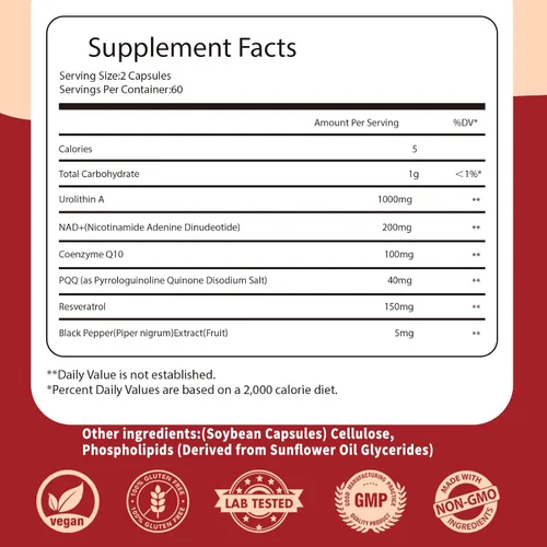 Vista 5 de VPKIN Suplemento liposomal de urolitina A de 1000 mg, con NAD+, CoQ10, PQQ, resveratrol y piperina, para renovación celular y apoyo mitocondrial, 60