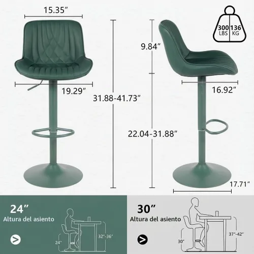 Vista 2 de YOUTASTE Juego de 2 taburetes de bar de piel sintética, todos los taburetes de bar tapizados de color verde oscuro con respaldo, silla giratoria