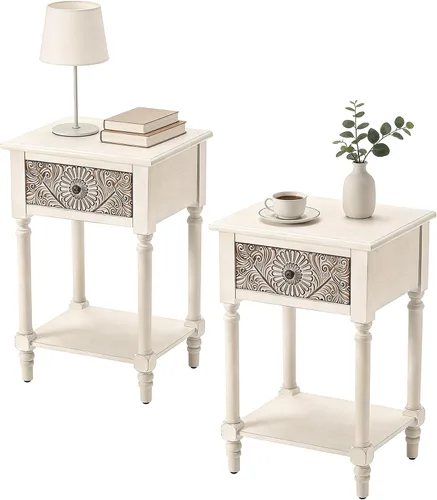 Vista 21 de HOMPUS - Mesa de noche blanca con cajón y almacenamiento, mesa de noche con motivo floral completamente ensamblada para espacios pequeños, mesa