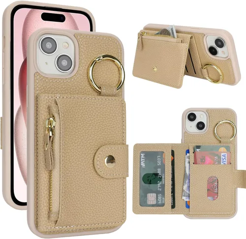 Vista 47 de Funda para iPhone 14 Plus con tarjetero, color negro Funda con cremallera y ranura para mujer y hombre
