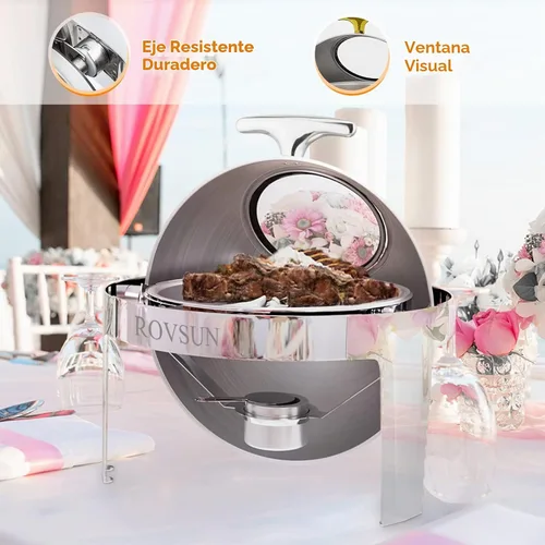 Vista 5 de ROVSUN Juego de Chafing Dish de Buffet con Tapa Enrollable, 6 QT Chafer Redondo de Acero Inoxidable para Catering, Servidores de Buffet y Plateado