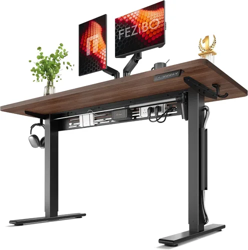Vista 13 de FEZIBO Escritorio eléctrico de pie con barra transversal en forma de L y sistema de gestión de cables, escritorio de pie de 48 x 24 pulgadas