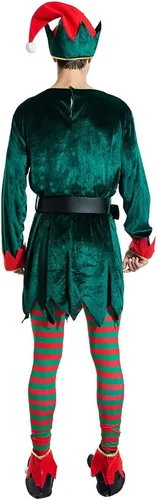 Vista 2 de ReneeCho Disfraz de elfo para adultos, de Navidad, para hombre, de taller, de elfo, para mujer, color verde