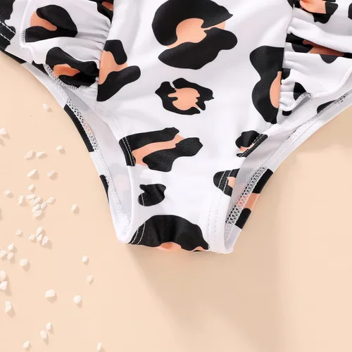 Vista 6 de Traje de baño de una sola pieza a cuadros para bebé, traje de baño de playa con volantes de leopardo
