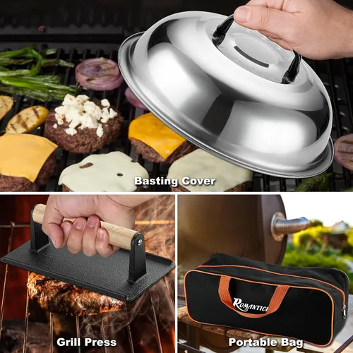 Vista 3 de ROMANTICIST - Juego de 29 piezas de accesorios para parrilla - Juego de espátulas Teppanyaki de parte superior plana con raspador, cubierta