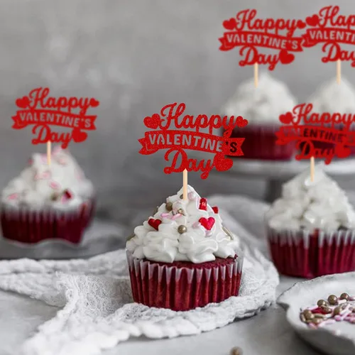 Vista 3 de Rsstarxi Paquete de 24 adornos para cupcakes para el día de San Valentín, con purpurina roja, dulce amor, para cupcakes, decoración de San Valentín