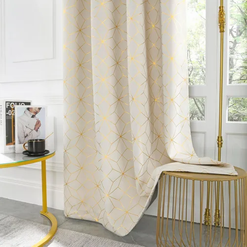 Vista 4 de Beauoop - Cortinas opacas 100% de 54 pulgadas de largo para dormitorio y sala de estar, con patrón marroquí dorado, paneles de tratamiento