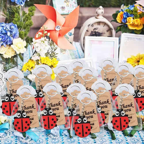 Vista 4 de Paquete de 24 llaveros de mariquita, recuerdo de fiesta para amantes de las mariquitas, fiesta temática de My Little Ladybug, Baby Shower, cumpleaños