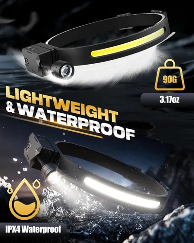 Vista 6 de Linterna frontal recargable, 1 paquete, desmontable de 230° de haz ancho LED 2 en 1 con sensor de movimiento, lámpara de cabeza de casco duro