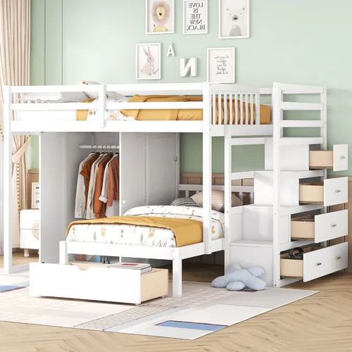 Vista 15 de RUNNA Litera matrimonial sobre individual con escritorio, cajones y escaleras, litera de madera maciza para niños, niñas, adolescentes y adultos