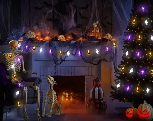 Vista 4 de Zimati Luces decorativas de Halloween, 16 pies, 30 LED, impermeables, 3D, calabaza, murciélago, fantasma, funciona con pilas, con temporizador, 8
