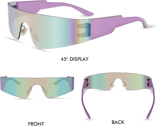 Vista 4 de Gafas de sol futuristas envolventes Y2K plateadas, de moda, sin marco, gafas Cyberpunk para mujeres y hombres, fiesta rave