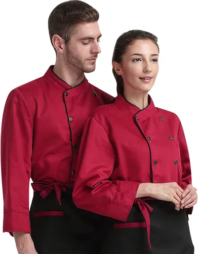 Vista 3 de XINFU Abrigo de chef unisex de manga largamanga corta con doble botonadura, uniforme de chef de cocina