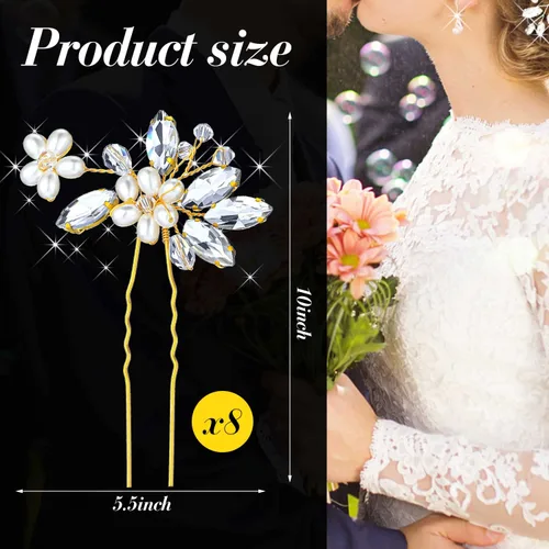 Vista 3 de Geosar 8 pinzas para el pelo de boda, horquillas doradas para el pelo de novia con flores de diamantes de imitación, accesorio de novia para mujeres