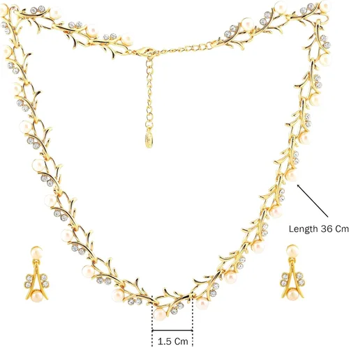 Vista 7 de Slaksworld Exquisito juego de collar de perlas blancas y circonitas cúbicas bañadas en tono dorado con aretes para mujeres y niñas. El juego