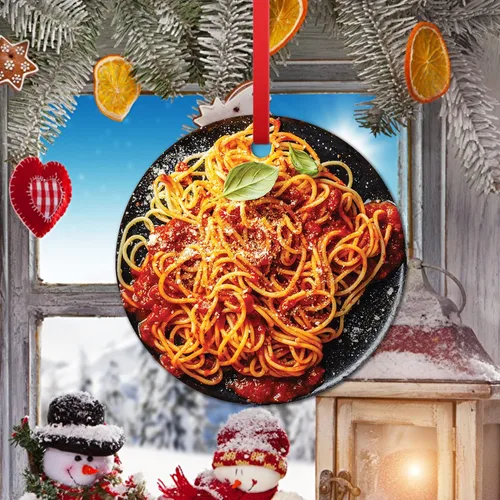 Vista 4 de Adorno navideño de espagueti, divertido, árbol de comida, colgante, tomate, Italia, fideos, relleno de calcetín de cerámica, regalo para niño