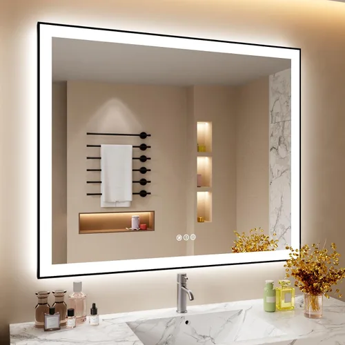 Vista 47 de Espejo de baño LED de 24x28 pulgadas con marco negro, espejos de baño retroiluminados y con luz frontal para pared, antiempañamiento, regulable