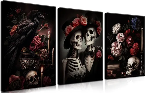 Vista 11 de Juego de 3 lienzos góticos para pared, diseño de rosas románticas de Halloween, decoración de pared, pósteres de calavera de cuervo gótico oscuro