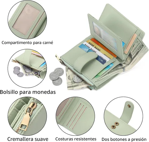 Vista 6 de GAEKEAO Cartera pequeña de cuero vegano con bloqueo RFID plegable para mujer, tarjetero compacto con bolsillo con cremallera y ventana