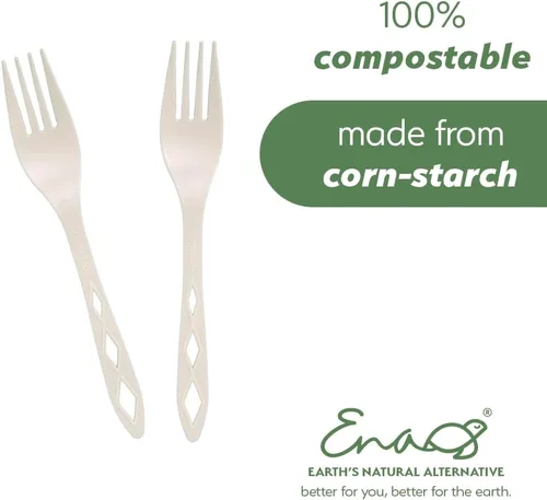Vista 5 de Tenedores desechables CPLA 100% compostables (paquete de 100). Juego de cubiertos no plásticos. Cubiertos ecológicos, cubiertos blancos, utensilios