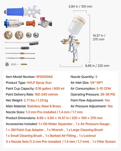 Vista 7 de VEVOR HVLP - Pistola pulverizadora de pintura de alimentación por gravedad con 3 boquillas (1.3/1.4/0.067 in), pulverizador de pintura automático