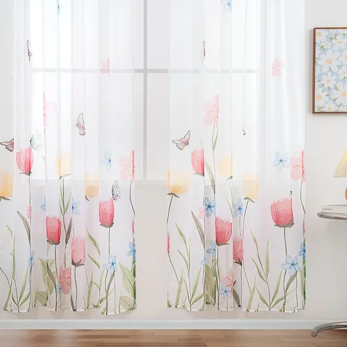 Vista 4 de youleyar Cortinas traslúcidas florales para sala de estar, 2 paneles de 54 pulgadas de largo, cortinas semitransparentes blancas con estampado