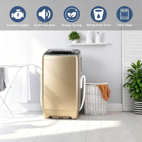 Vista 5 de Lavadora automática de 15.6 libras con 10 programas, pantalla LED, 8 niveles de agua, lavadora compacta de alta eficiencia para apartamento, RV
