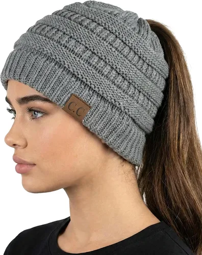 Vista 25 de Funky Junque Gorro de Cola de Caballo para Mujeres - Gorro de Invierno Ponyback Suave Elástico de Punto Trenzado Cola Alta Gorros para Correr