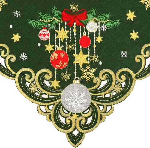 Vista 3 de Mantel cuadrado pequeño bordado de Navidad, adornos (verde navideño)