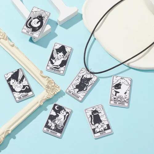 Vista 6 de Llavero con diseño de gato brujo, tarjeta de tarot para hacer joyas, 22 piezas Colgantes de acrílico gótico del zodiaco para Halloween
