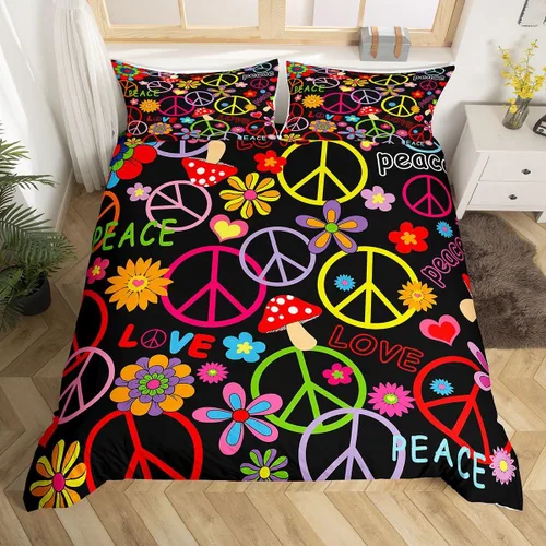 Vista 18 de Groovy Flowers - Funda de edredón de flores hippy girl, juego de ropa de cama con diseño de flores de arco iris, espiral, rayas, floral, juego