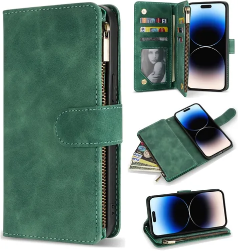 Vista 15 de ZZXX Funda tipo cartera para iPhone 14 Plus con [Bloqueo RFID] Ranura para tarjetas Cuero PU suave premium con cremallera tipo folio plegable