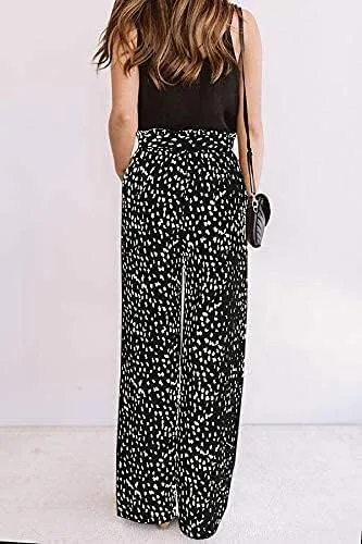 Vista 7 de ECOWISH - Pantalón para mujer, de algodón suave, estilo palazzo de pernera ancha con bolsillos, cintura alta, informal, holgado y con cinturón