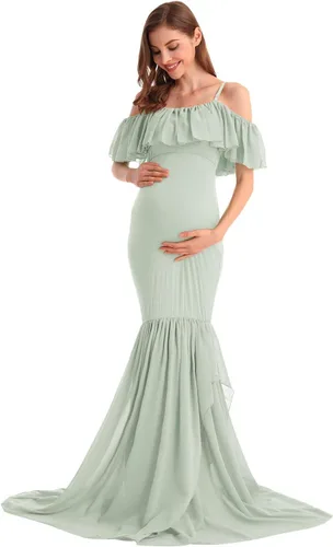 Vista 3 de MYRISAM Vestido de maternidad con volantes y hombros descubiertos para mujer, vestido de fiesta de sirena de gasa, vestido ajustado