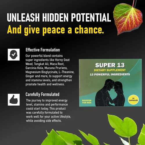 Vista 6 de Super 13 Suplemento Herbal Masculino de Acción Rápida para Hombres. 13 Ingredientes Potentes - Horny Goat Weed Tongkat Ali Maca y Más para Energía