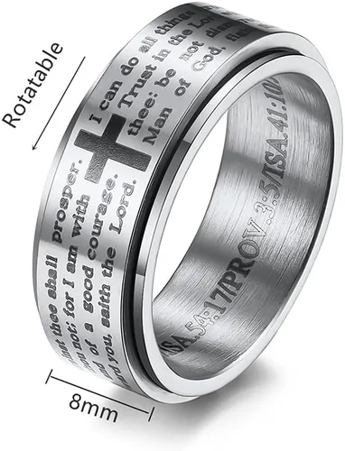 Vista 3 de Anillo inspirador de versículos de la Biblia giratorio, cruz y crucifijo de fe, anillo grueso para hombres y niños, de acero inoxidable