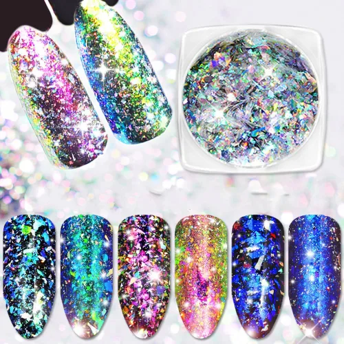 Vista 10 de 12 macetas holográficas para arte de uñas con lentejuelas láser 3D, camaleón grueso, para bricolaje, copos de purpurina brillante para mujeres