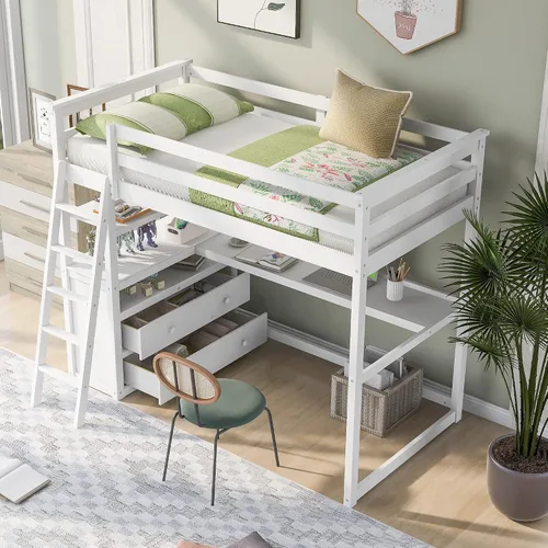 Vista 3 de Merax Cama tipo loft de madera de tamaño individual con escritorio en forma de L, 2 cajones integrados/2 estantes, cama tipo loft multifuncional