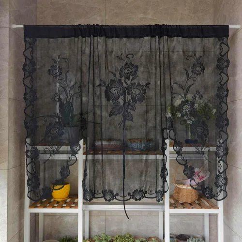 Vista 8 de Cenefa de cortina de encaje transparente con bordado floral negro, estilo princesa, estilo princesa, cenefa de cortina bordada en cascada