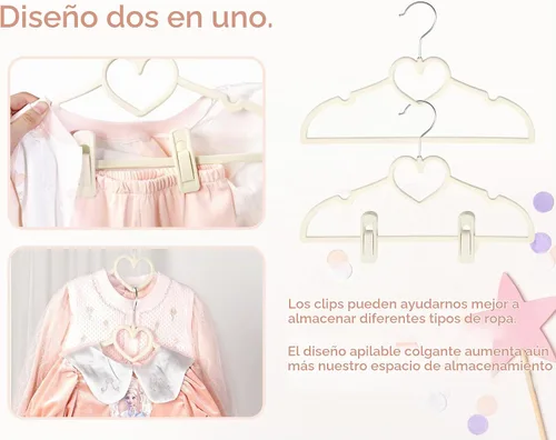 Vista 4 de Perchas de terciopelo beige con forma de corazón, paquete de 50 perchas para niños pequeños de 13 pulgadas con 20 clips, ultra delgadas y apilables