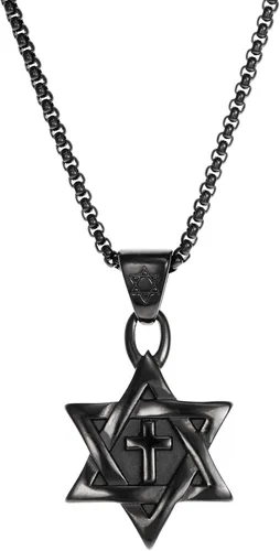 Vista 3 de Herinos Collar de cruz de acero inoxidable para hombre, collar con colgante de estrella hexagonal de David, cadena de bordillo de 21.6 pulgadas