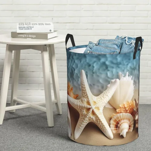 Vista 8 de Starfish Coral and Seashell print Circular Hamper Waterproof Storage Bin Organizer Basket Laundry Hamper With Handles For Clothes Toys Small