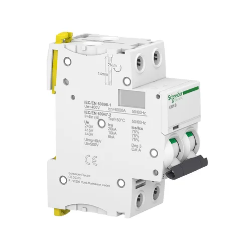 Vista 2 de Schneider Electric A9F74220 IC60N Disyuntor Acti9, 2P, 20A, Curvatura C, 50/60 Hz, Blanco