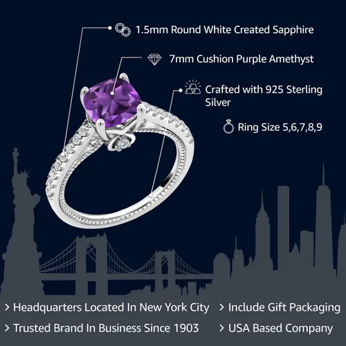 Vista 2 de Gem Stone King Anillo de compromiso de plata de ley 925 con cojín de 7MM, piedra natal de gema y zafiro blanco creado para mujer Anillo