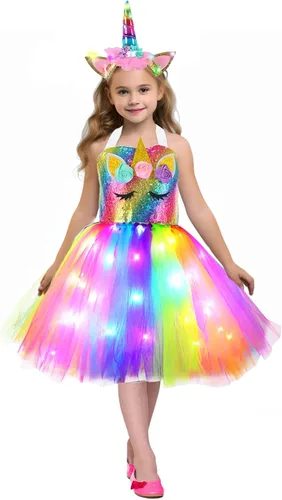 Vista 6 de Camlinbo Halloween Lighted Tutu Dress for Girls Unicorn Princess Dress with Headband Halloween Party Costume Girls 3-10 Years
