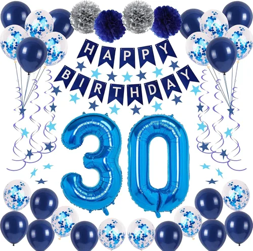 Vista 24 de Decoraciones de fiesta de cumpleaños azul número 29 para hombres y mujeres, suministros de globos de feliz cumpleaños 29 con pancarta de feliz