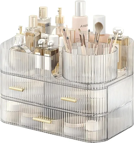 Vista 8 de DASITON Organizador de Maquillaje con Cajones y Soporte Giratorio para Brochas de Maquillaje, Organizador de Cosméticos Apilable de Gran Capacidad