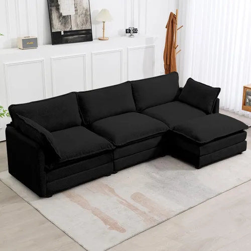 Vista 26 de ROWHY Sillón individual con otomano, sofá moderno de corduroy en forma de nube con chaise convertible, sofá tapizado para sala de estar, beige